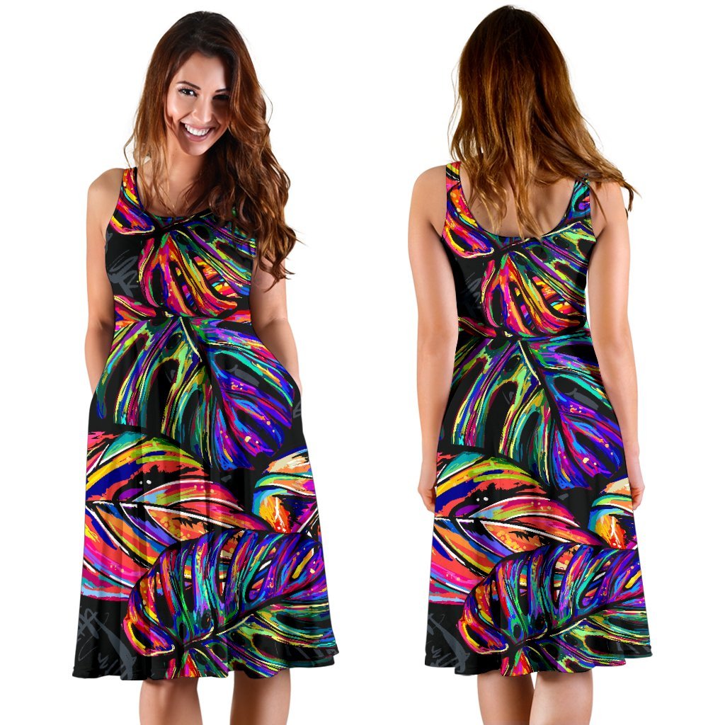 Neon Color Tropical Palm Leaves Sleeveless Dress