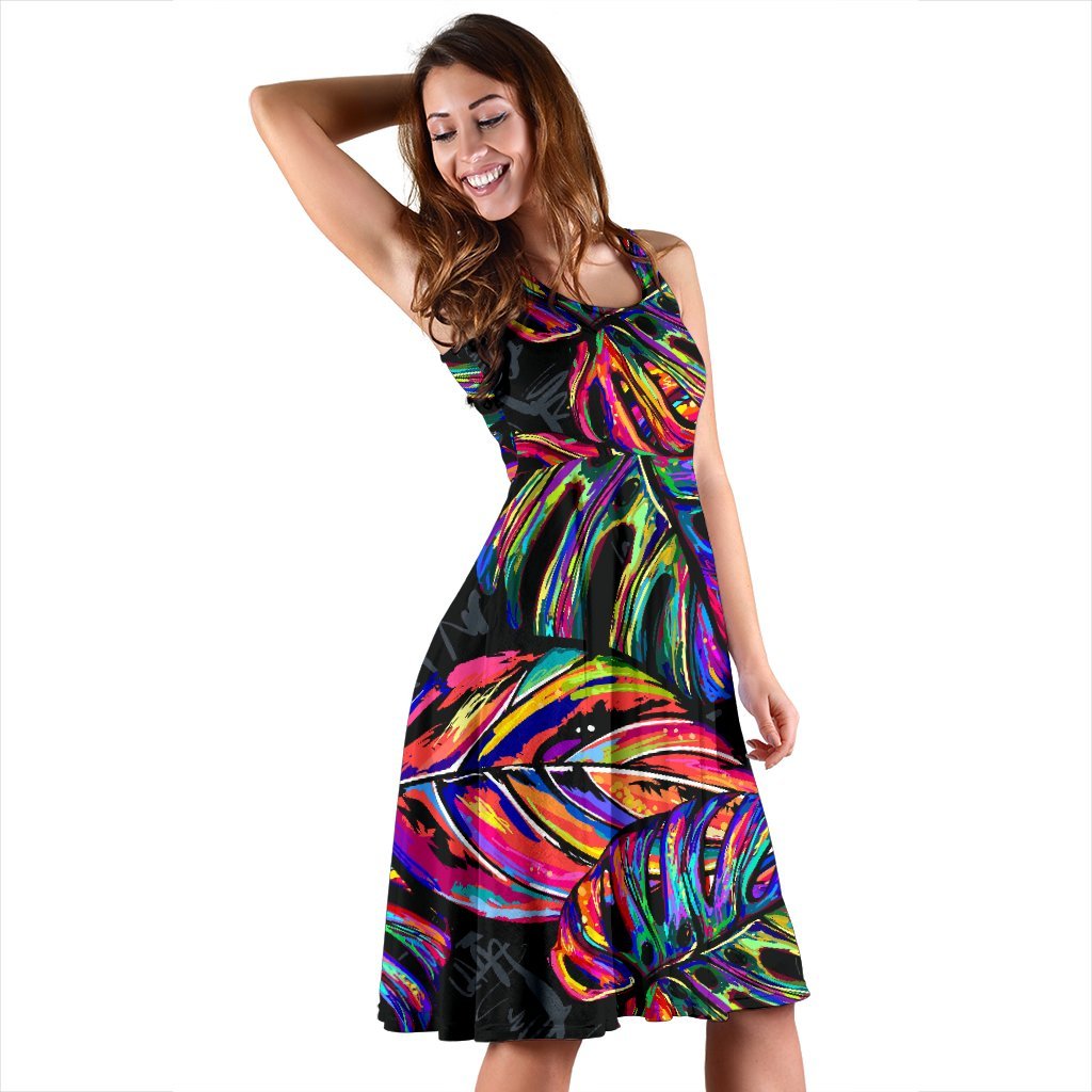 Neon Color Tropical Palm Leaves Sleeveless Dress