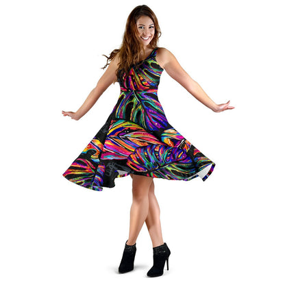 Neon Color Tropical Palm Leaves Sleeveless Dress