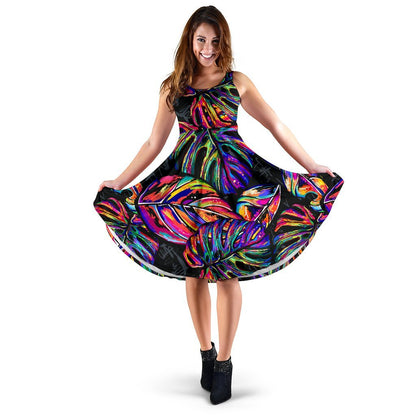 Neon Color Tropical Palm Leaves Sleeveless Dress