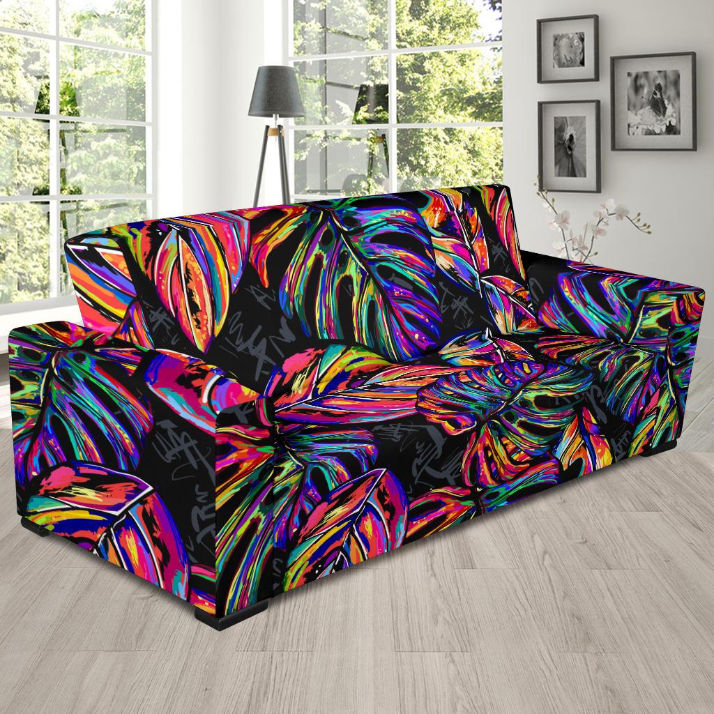 Neon Color Tropical Palm Leaves Sofa Slipcover-JTAMIGO.COM