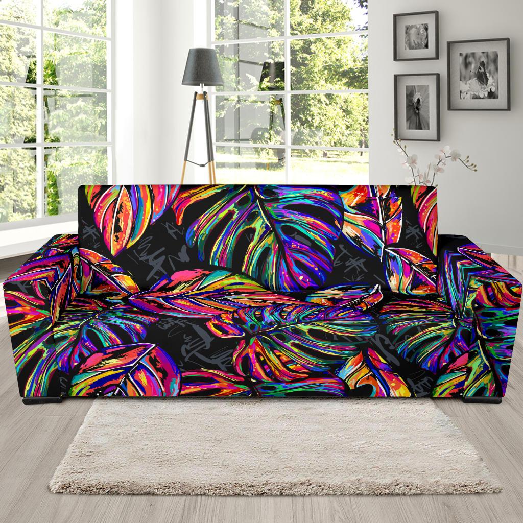 Neon Color Tropical Palm Leaves Sofa Slipcover-JTAMIGO.COM
