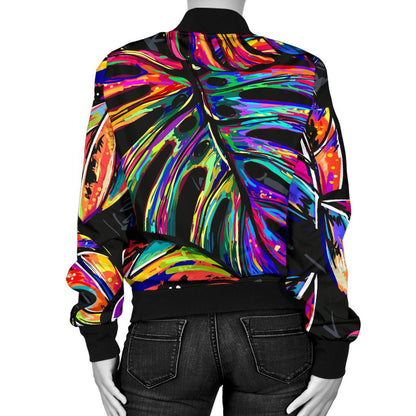 Neon Color Tropical Palm Leaves Women Casual Bomber Jacket