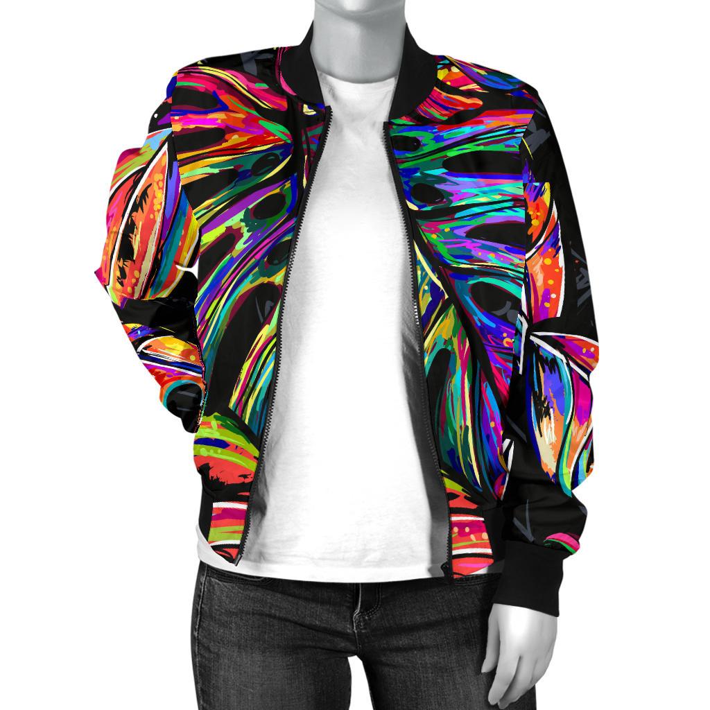 Neon Color Tropical Palm Leaves Women Casual Bomber Jacket