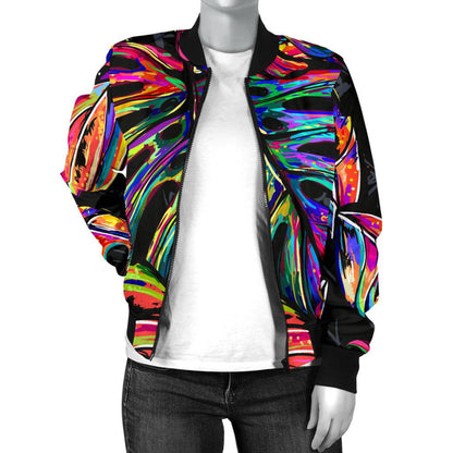 Neon Color Tropical Palm Leaves Women Casual Bomber Jacket