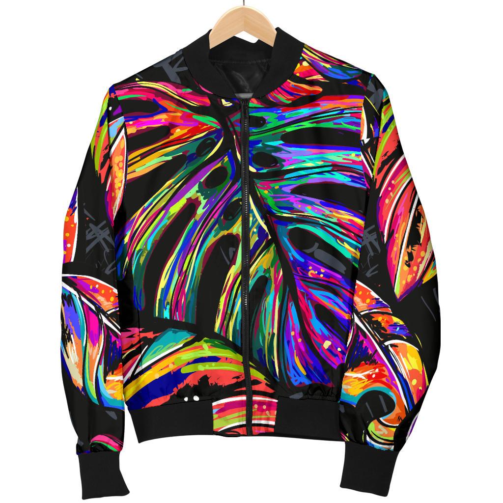 Neon Color Tropical Palm Leaves Women Casual Bomber Jacket