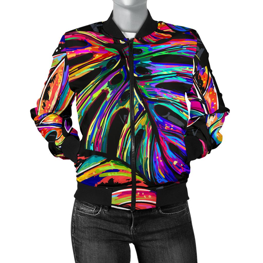 Neon Color Tropical Palm Leaves Women Casual Bomber Jacket
