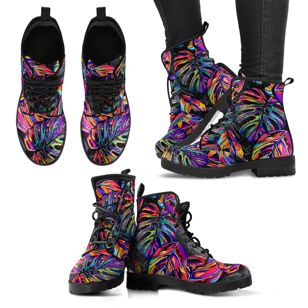Neon Color Tropical Palm Leaves Women Leather Boots-JTAMIGO.COM