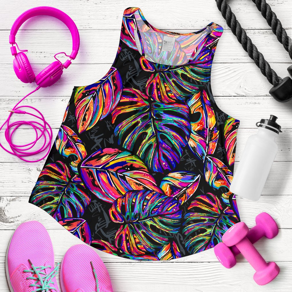 Neon Color Tropical Palm Leaves Women Racerback Tank Top