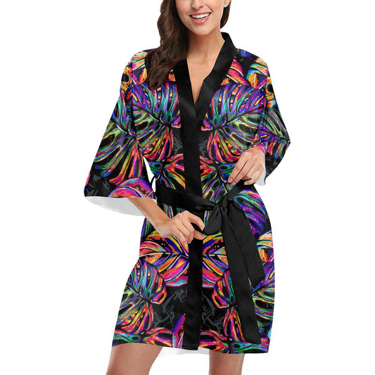 Neon Color Tropical Palm Leaves Women Short Kimono Robe