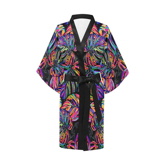 Neon Color Tropical Palm Leaves Women Short Kimono Robe