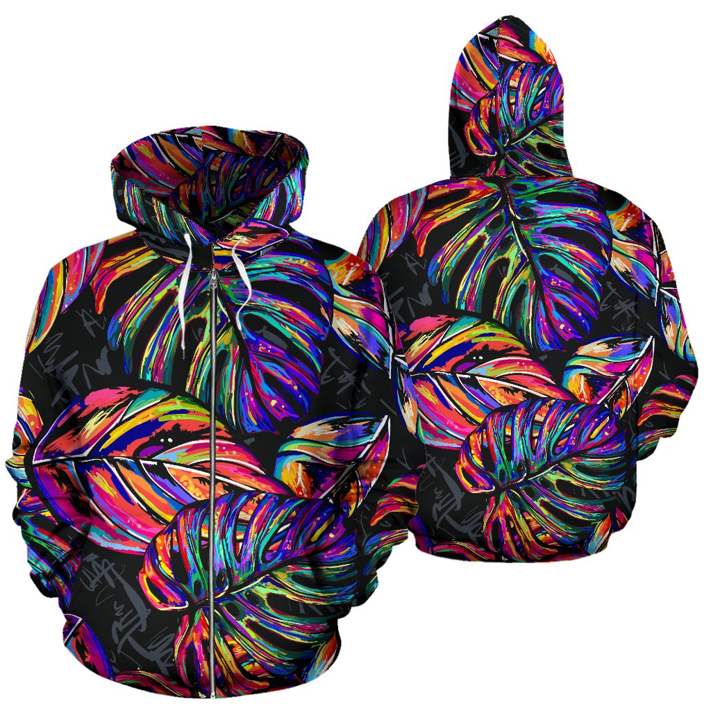 Neon Color Tropical Palm Leaves Zip Up Hoodie