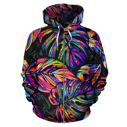 Neon Color Tropical Palm Leaves Zip Up Hoodie