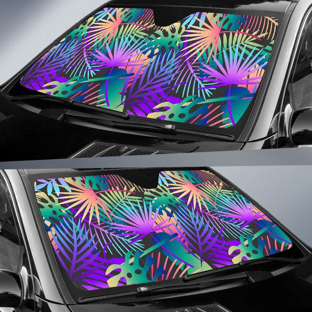 Neon Flower Tropical Palm Leaves Car Sun Shade For Windshield