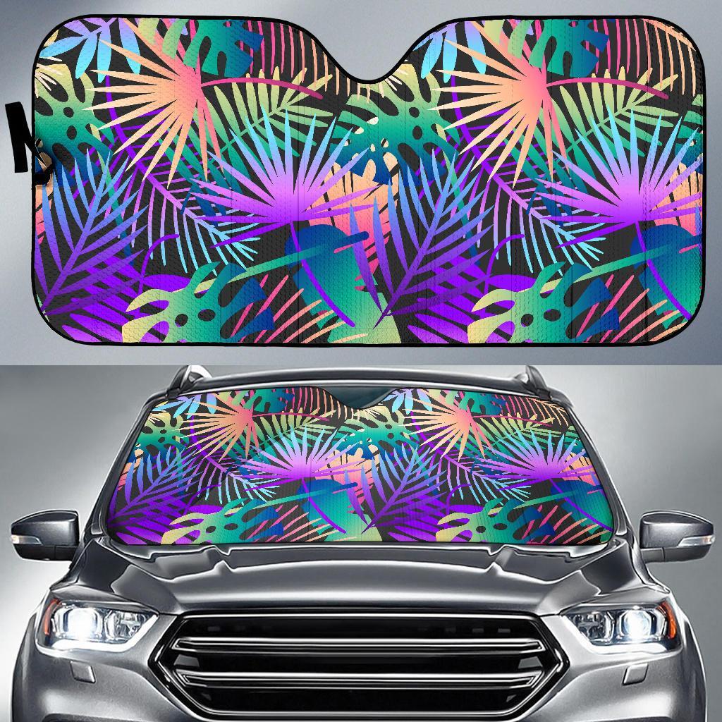 Neon Flower Tropical Palm Leaves Car Sun Shade For Windshield
