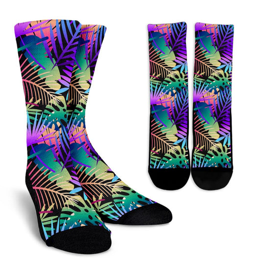 Neon Flower Tropical Palm Leaves Crew Socks