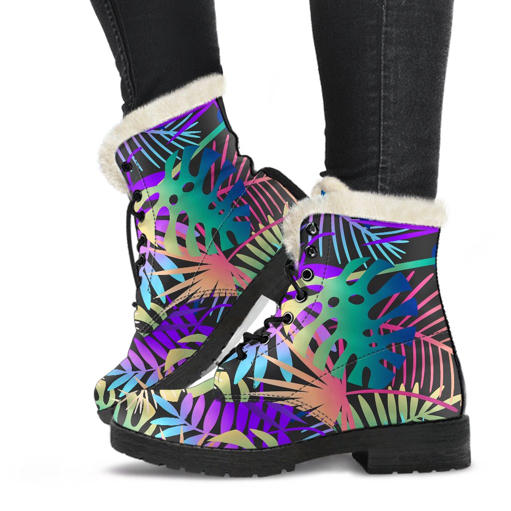 Neon Flower Tropical Palm Leaves Faux Fur Leather Boots-JTAMIGO.COM