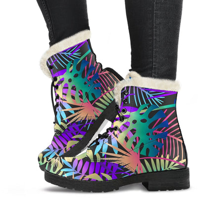 Neon Flower Tropical Palm Leaves Faux Fur Leather Boots-JTAMIGO.COM