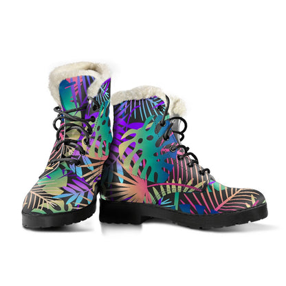 Neon Flower Tropical Palm Leaves Faux Fur Leather Boots-JTAMIGO.COM