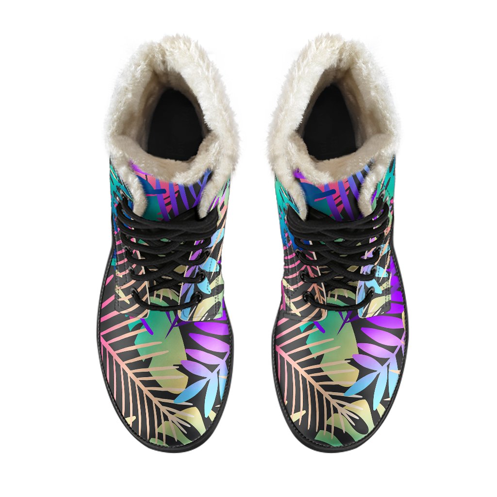 Neon Flower Tropical Palm Leaves Faux Fur Leather Boots-JTAMIGO.COM