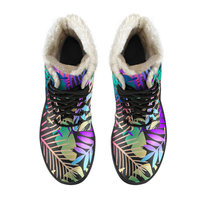 Neon Flower Tropical Palm Leaves Faux Fur Leather Boots-JTAMIGO.COM