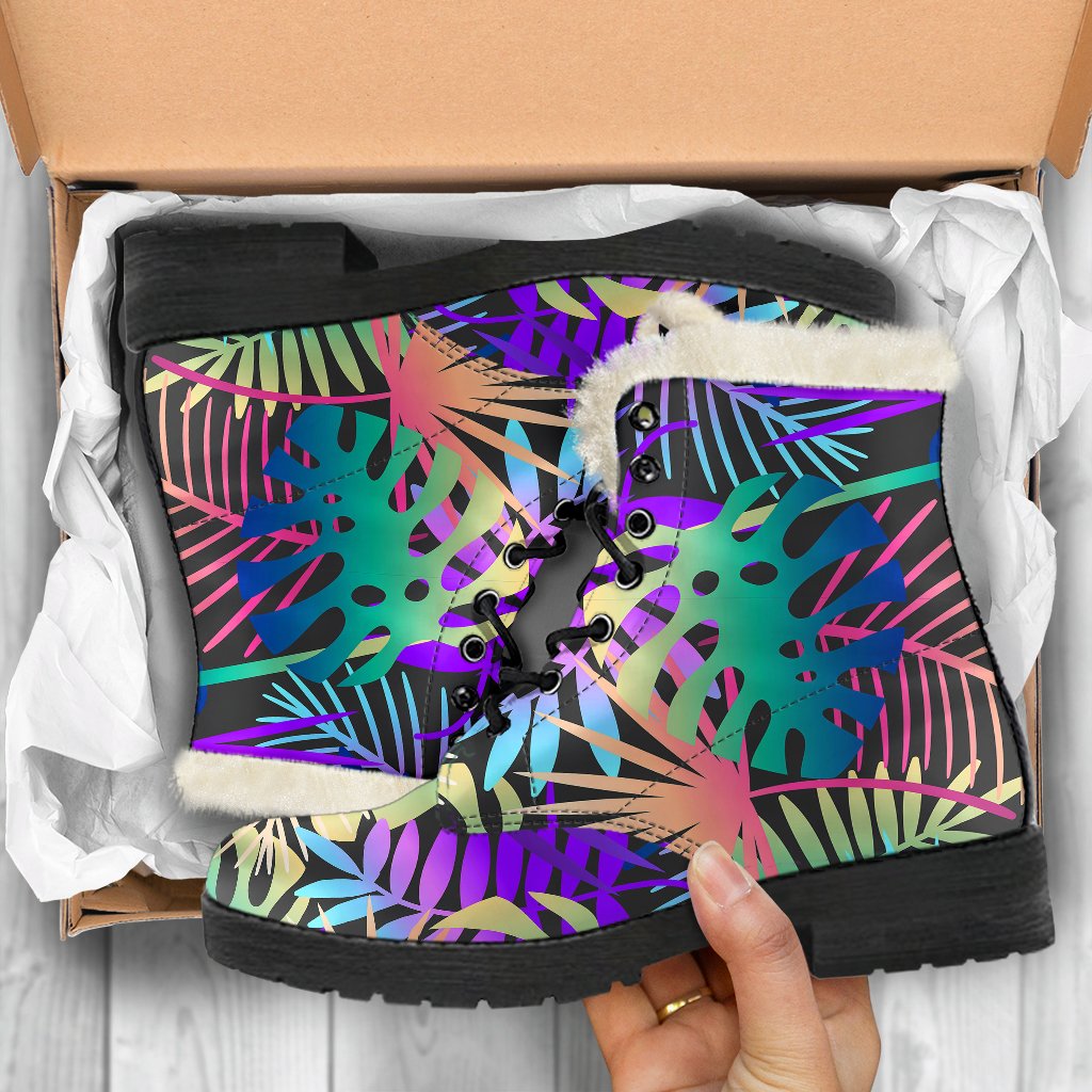 Neon Flower Tropical Palm Leaves Faux Fur Leather Boots-JTAMIGO.COM