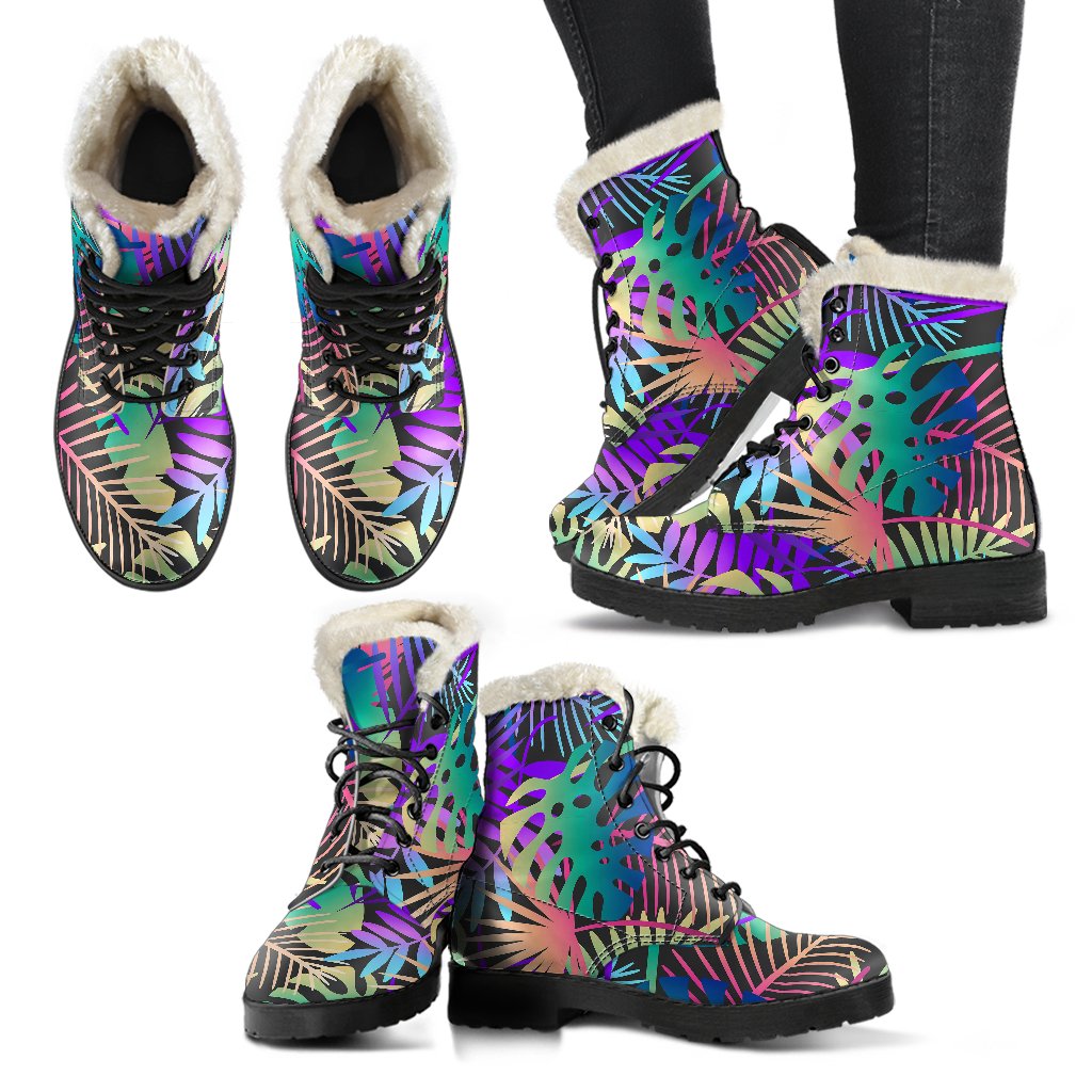 Neon Flower Tropical Palm Leaves Faux Fur Leather Boots-JTAMIGO.COM