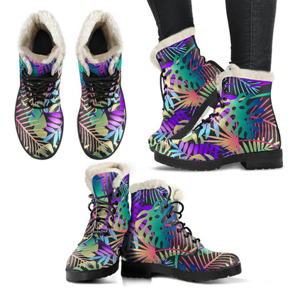 Neon Flower Tropical Palm Leaves Faux Fur Leather Boots-JTAMIGO.COM