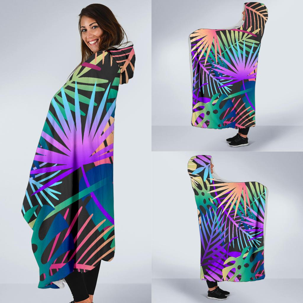 Neon Flower Tropical Palm Leaves Hooded Blanket-JTAMIGO.COM