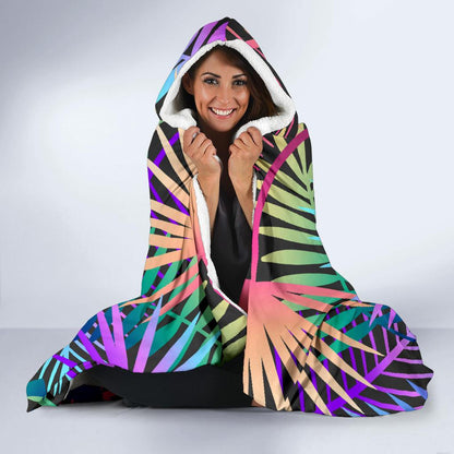 Neon Flower Tropical Palm Leaves Hooded Blanket-JTAMIGO.COM