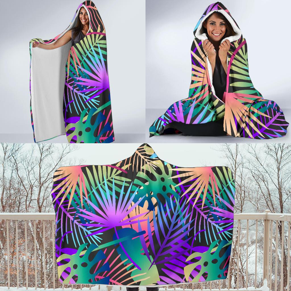 Neon Flower Tropical Palm Leaves Hooded Blanket-JTAMIGO.COM