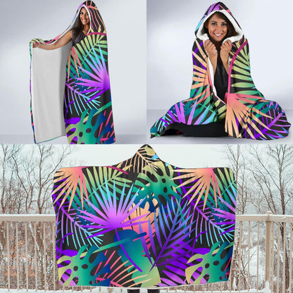 Neon Flower Tropical Palm Leaves Hooded Blanket-JTAMIGO.COM