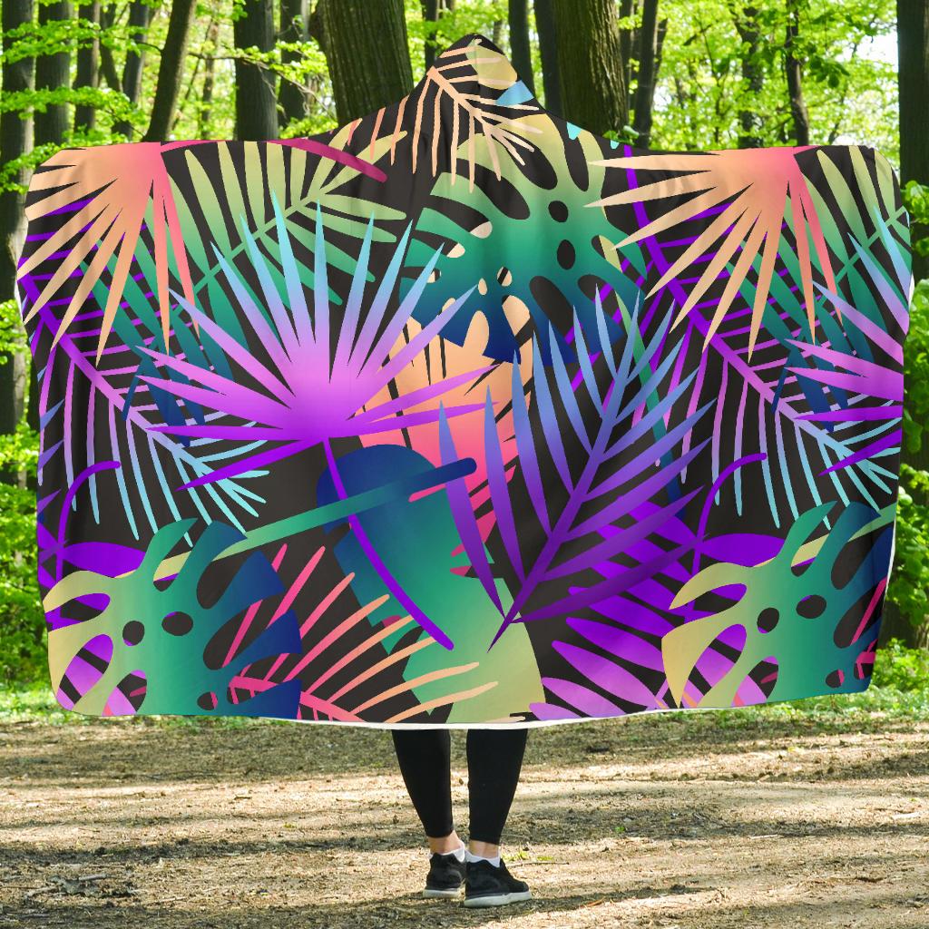 Neon Flower Tropical Palm Leaves Hooded Blanket-JTAMIGO.COM