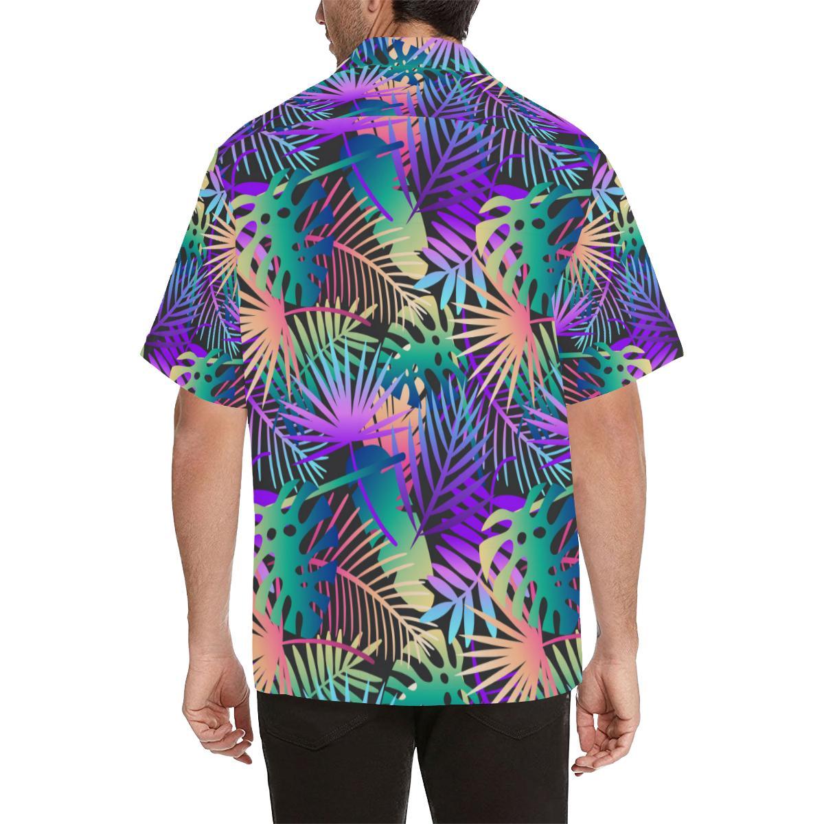 Neon Flower Tropical Palm Leaves Men Aloha Hawaiian Shirt