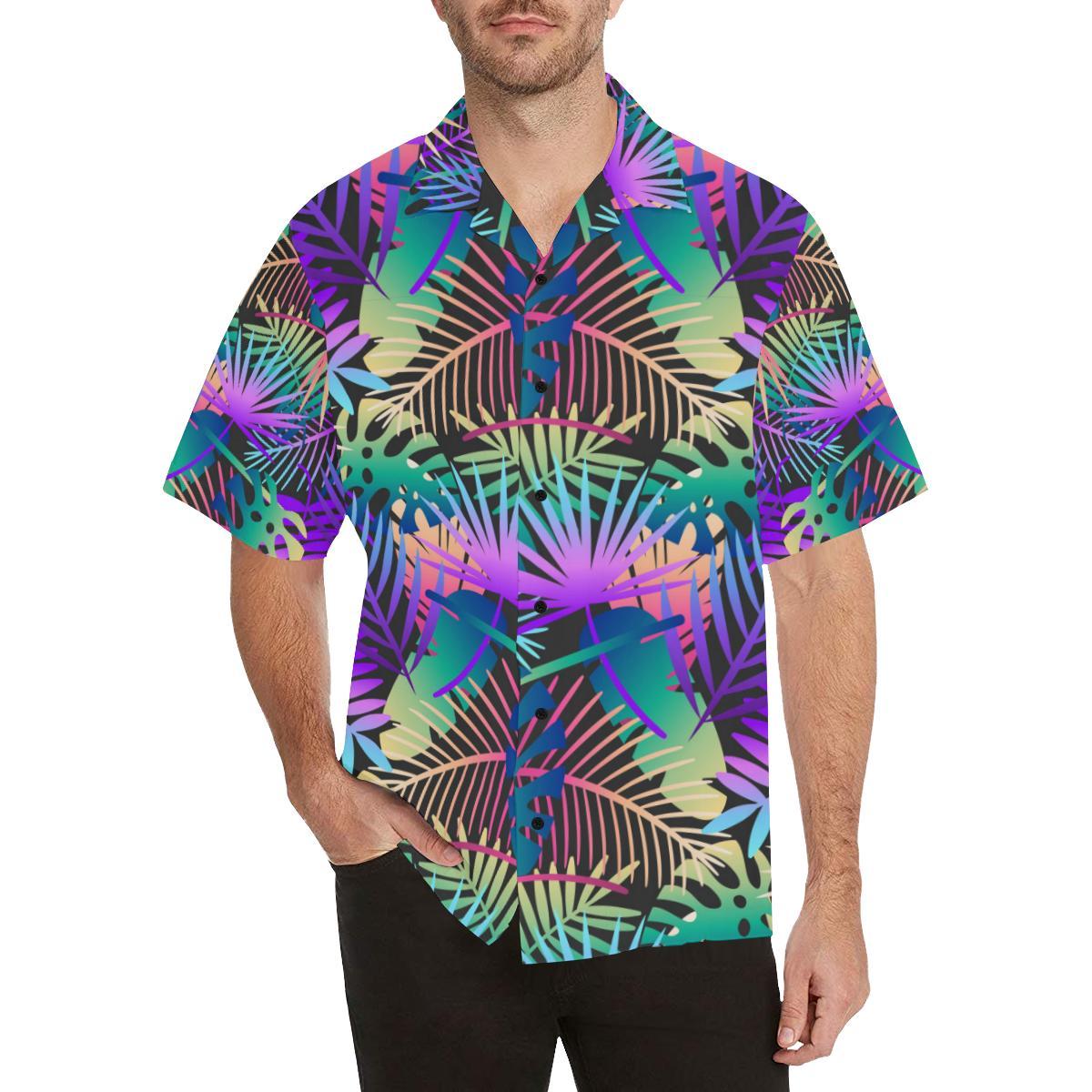 Neon Flower Tropical Palm Leaves Men Aloha Hawaiian Shirt