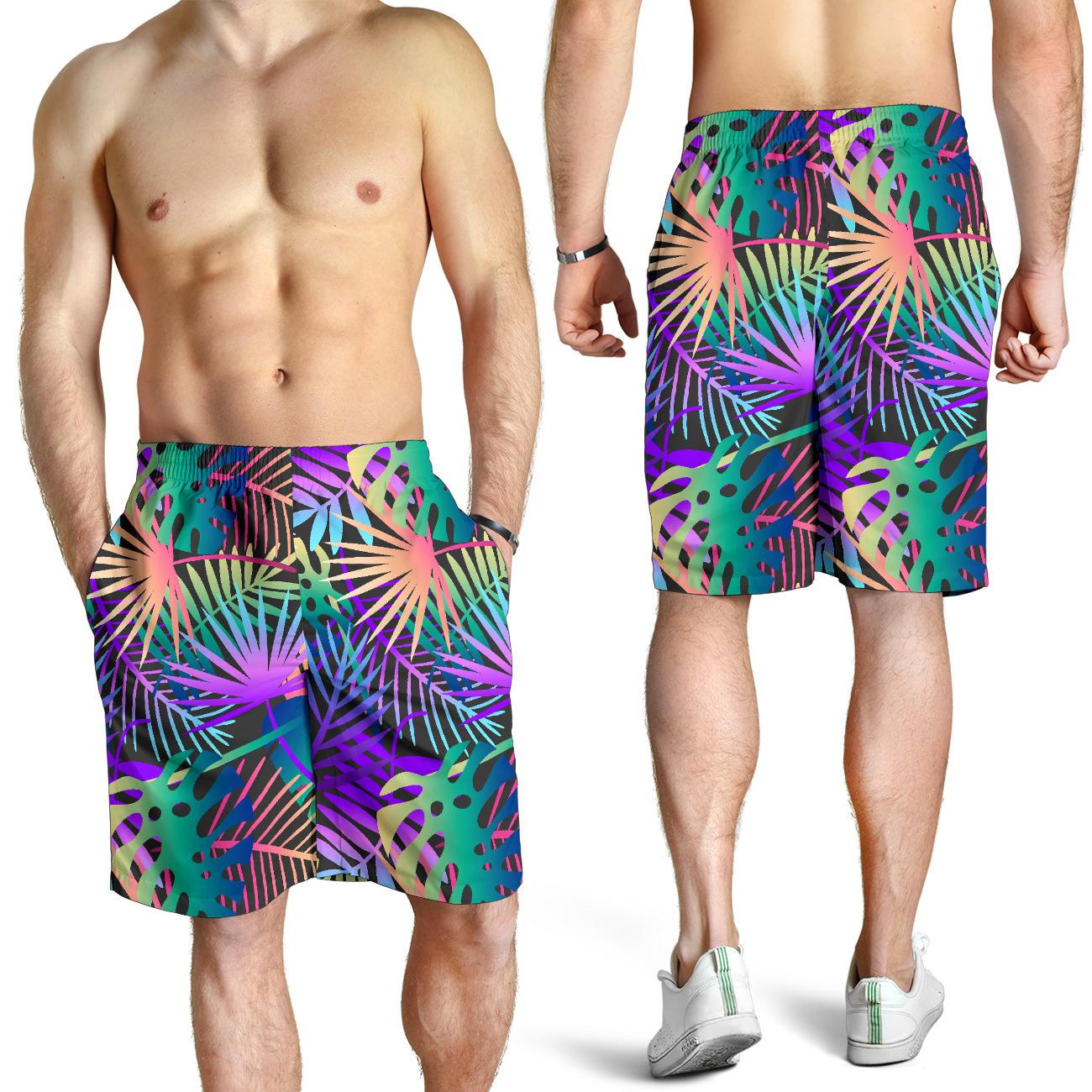 Neon Flower Tropical Palm Leaves Mens Shorts-JTAMIGO.COM