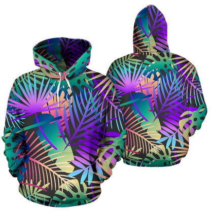 Neon Flower Tropical Palm Leaves Pullover Hoodie