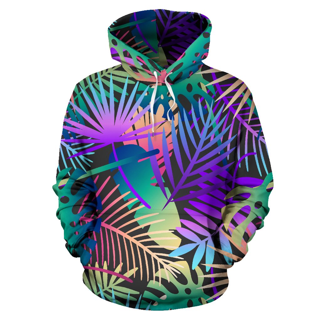 Neon Flower Tropical Palm Leaves Pullover Hoodie