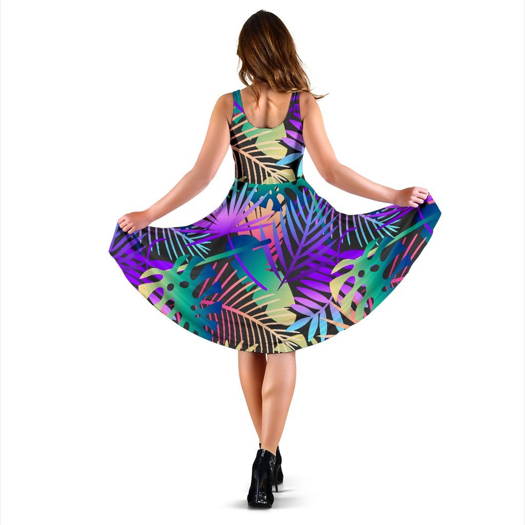Neon Flower Tropical Palm Leaves Sleeveless Dress