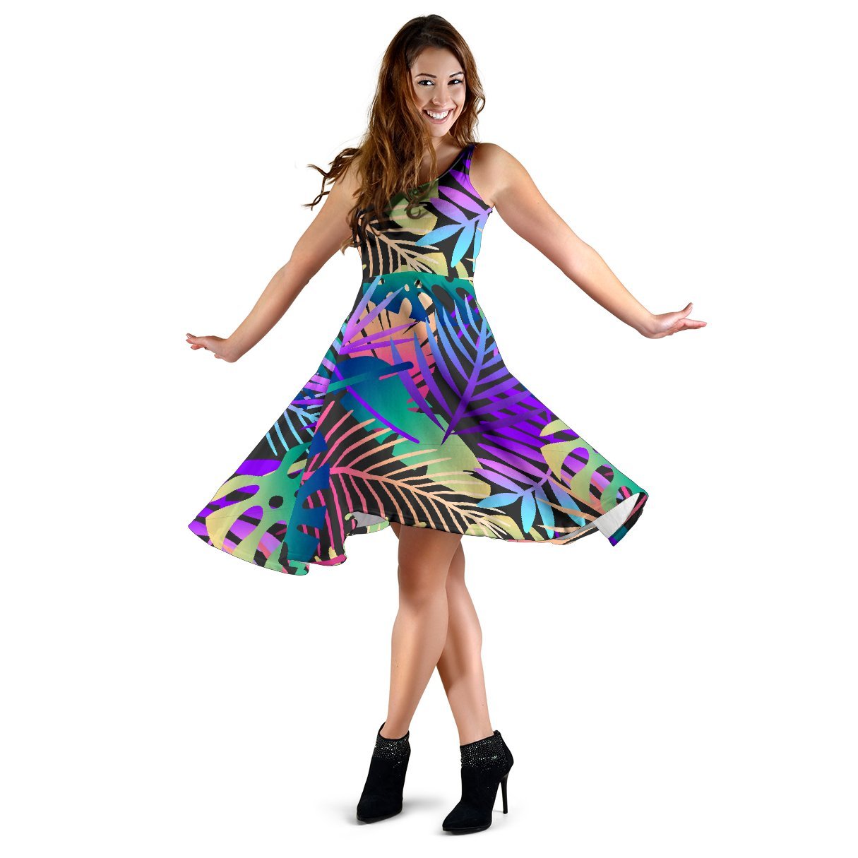 Neon Flower Tropical Palm Leaves Sleeveless Dress