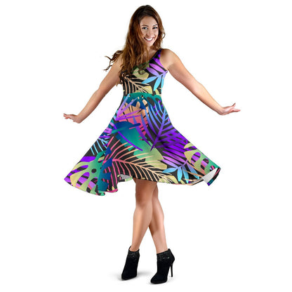 Neon Flower Tropical Palm Leaves Sleeveless Dress