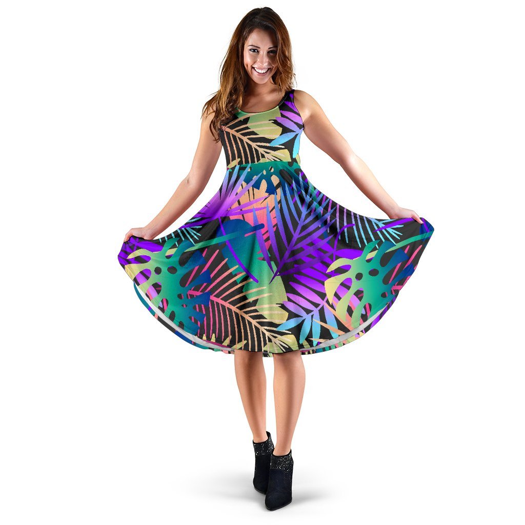 Neon Flower Tropical Palm Leaves Sleeveless Dress