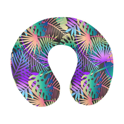 Neon Flower Tropical Palm Leaves U-Shaped Travel Neck Pillow-JTAMIGO.COM