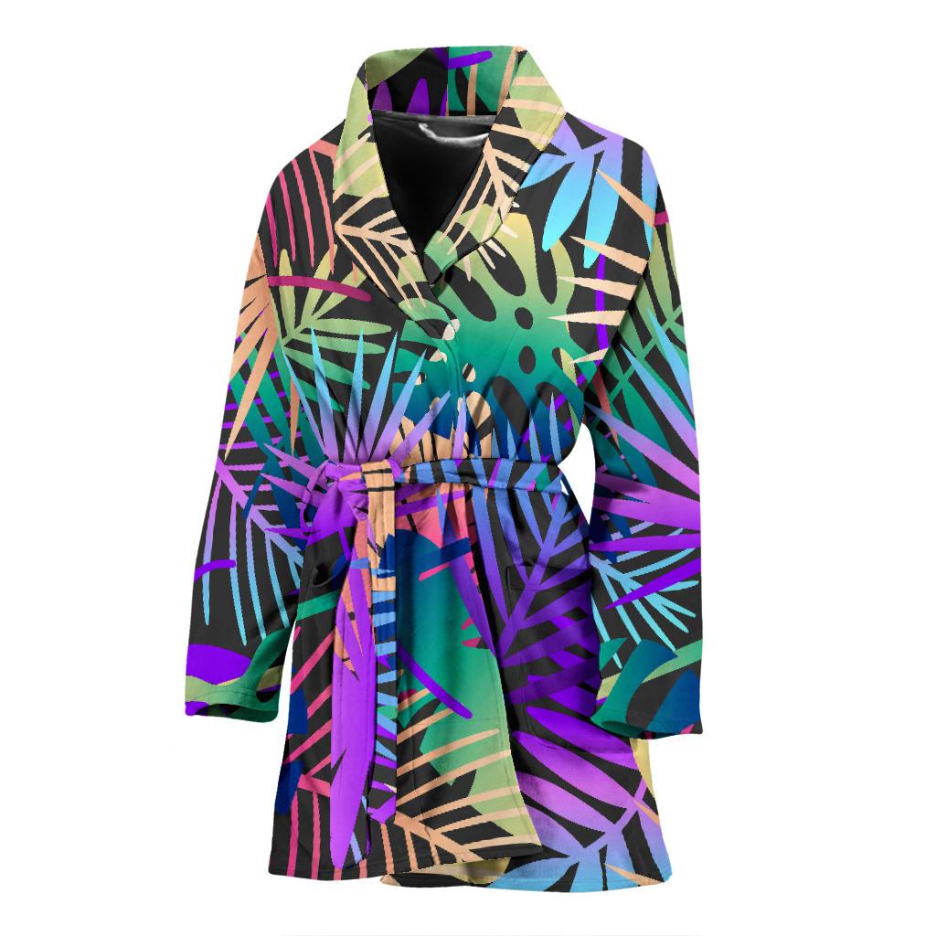 Neon Flower Tropical Palm Leaves Women Bath Robe-JTAMIGO.COM
