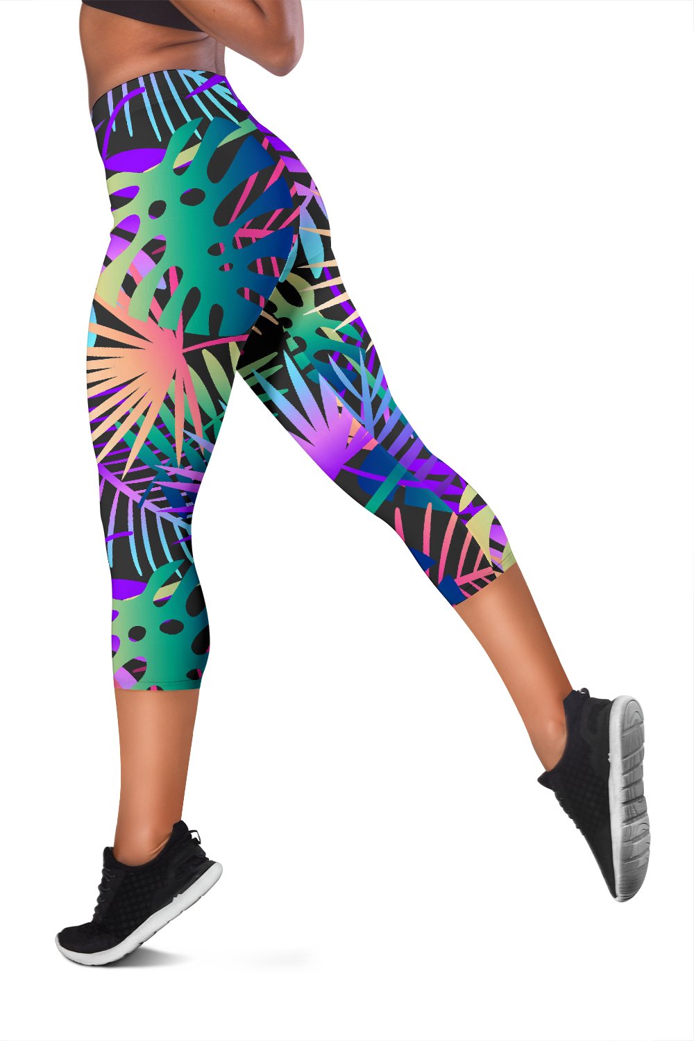 Neon Flower Tropical Palm Leaves Women Capris