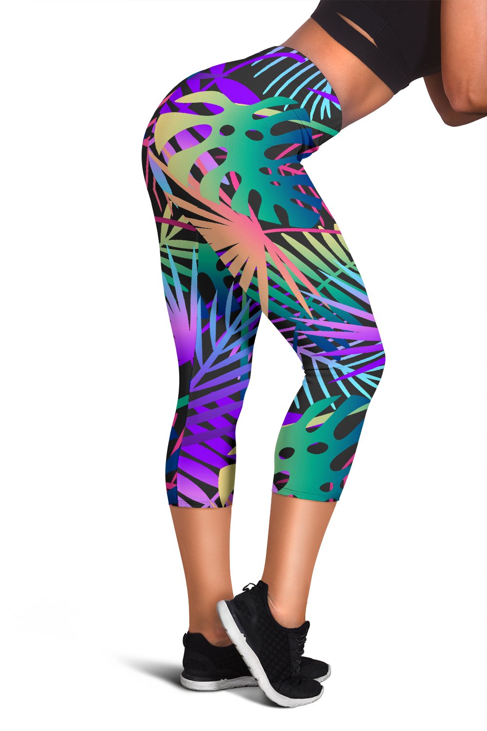 Neon Flower Tropical Palm Leaves Women Capris