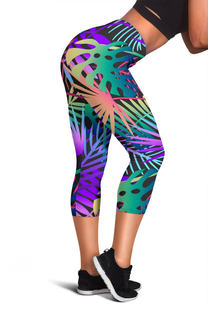 Neon Flower Tropical Palm Leaves Women Capris