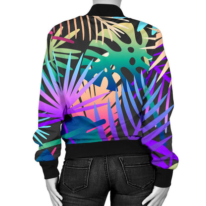 Neon Flower Tropical Palm Leaves Women Casual Bomber Jacket
