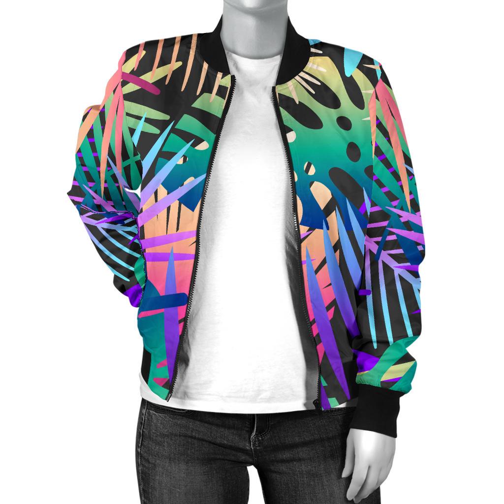 Neon Flower Tropical Palm Leaves Women Casual Bomber Jacket