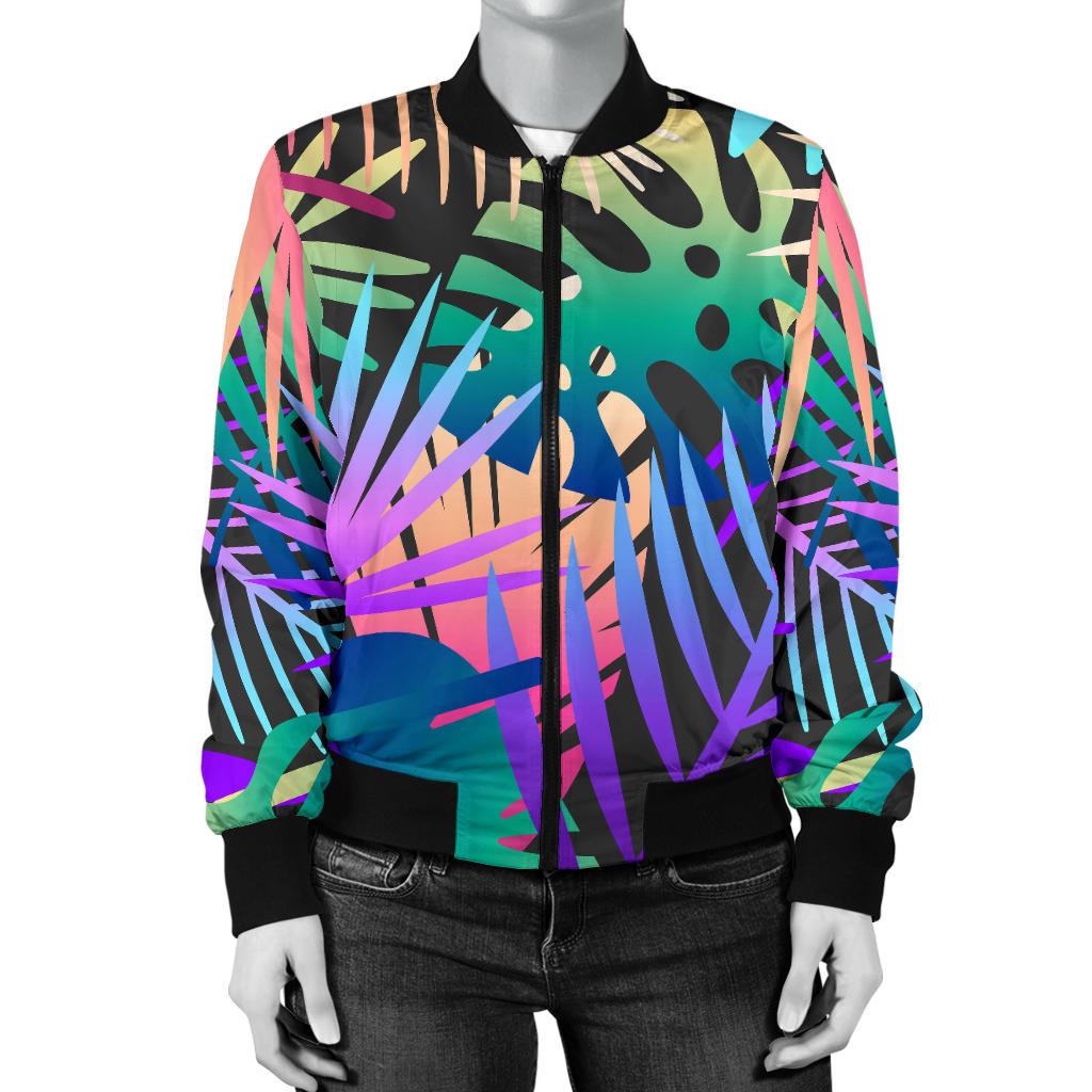 Neon Flower Tropical Palm Leaves Women Casual Bomber Jacket